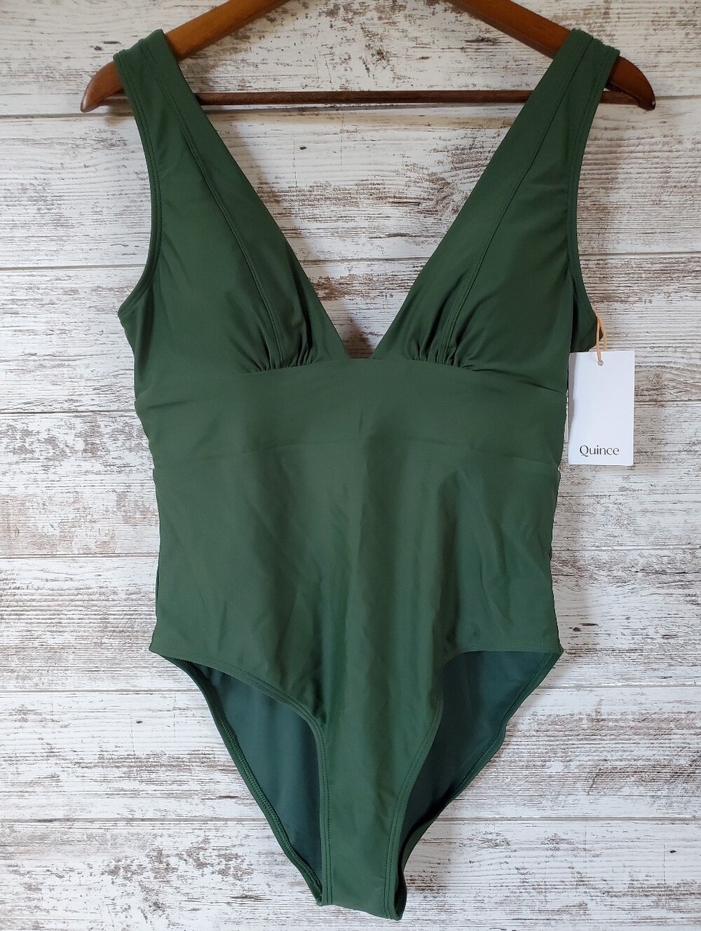 NWT Quince Italian Plunge One Piece Swimsuit Palm Green V Neck Swim Bathing Suit